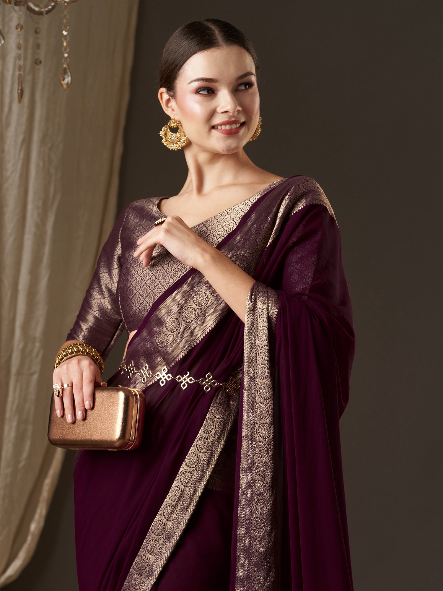 Wine Floral Georgette Saree with Jari Border - Ressa