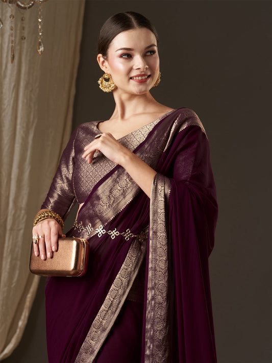 Wine Floral Georgette Saree with Jari Border - Ressa