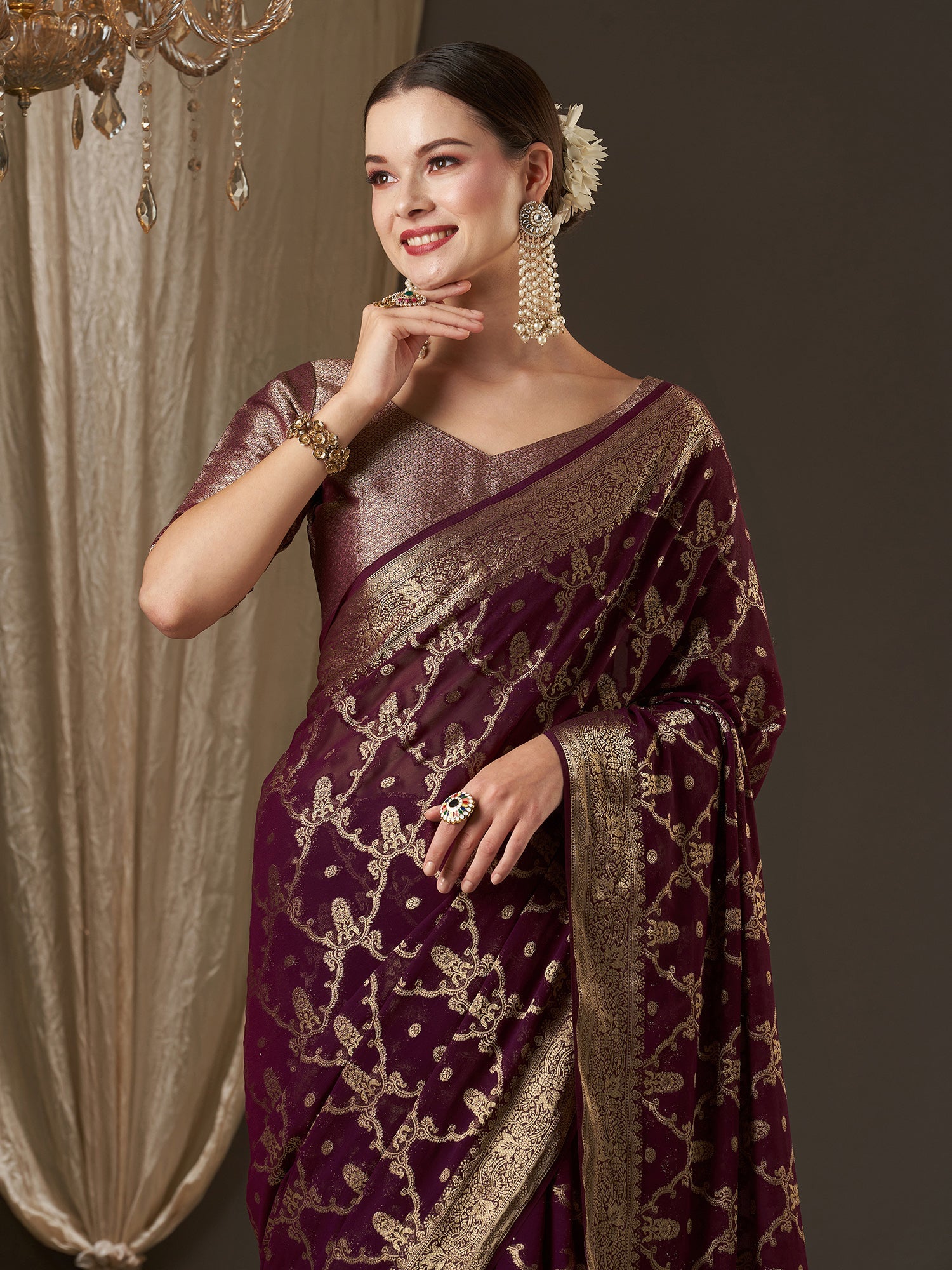 Wine Floral Georgette Saree with Jari Border - Ressa