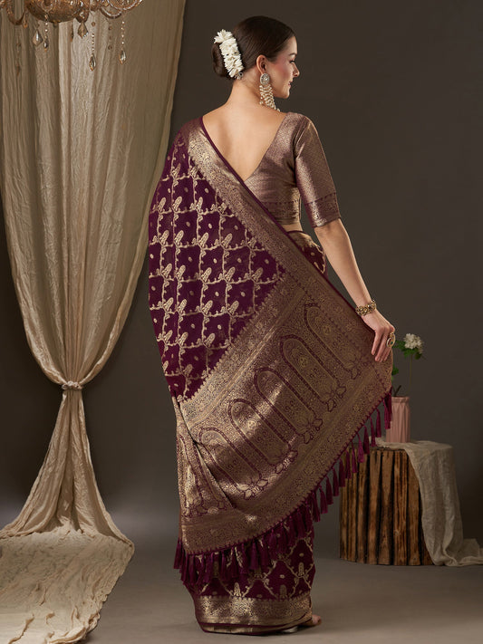 Wine Floral Georgette Saree with Jari Border - Ressa