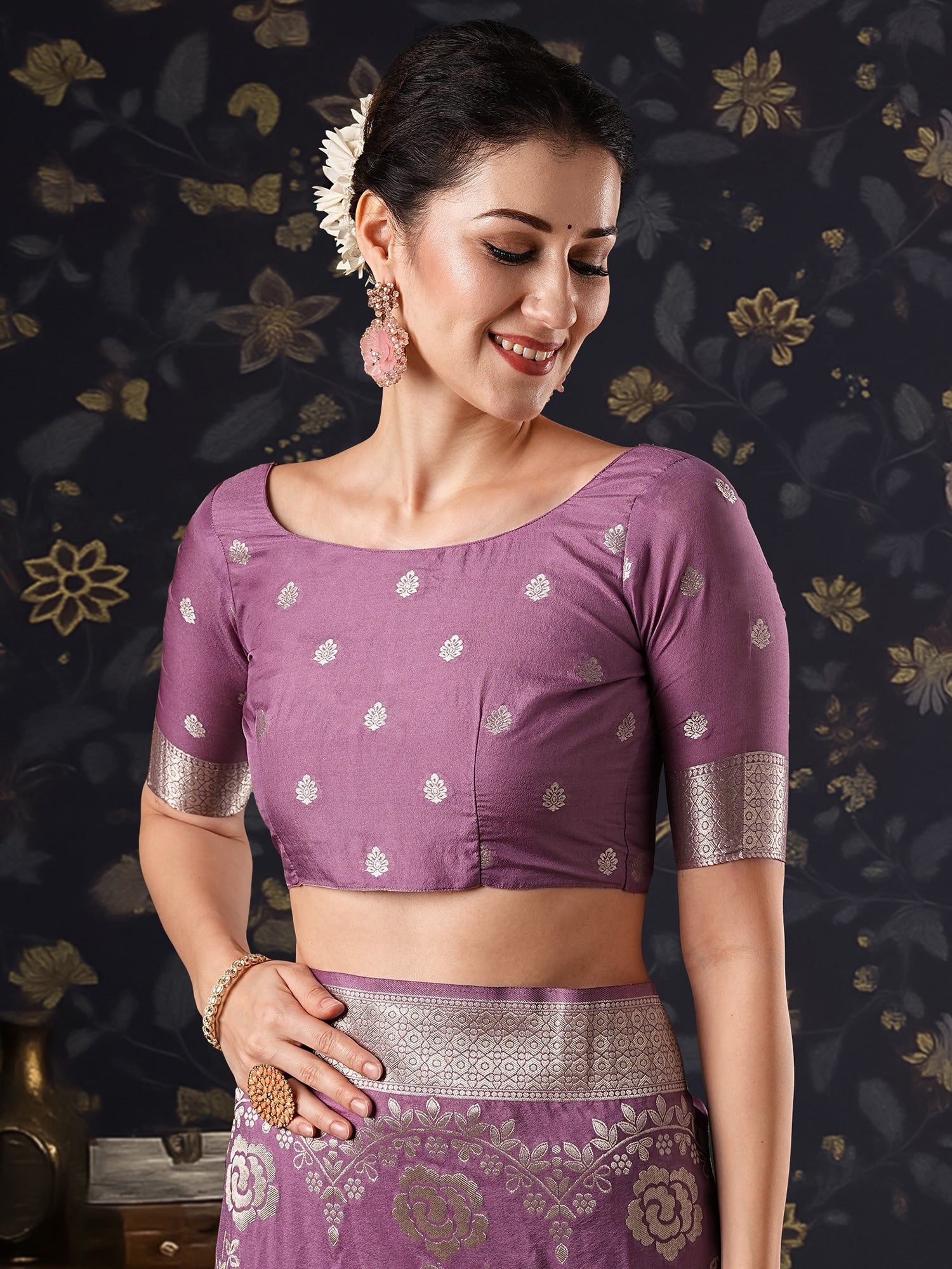Wine Floral Zari Woven Georgette Saree - Ressa