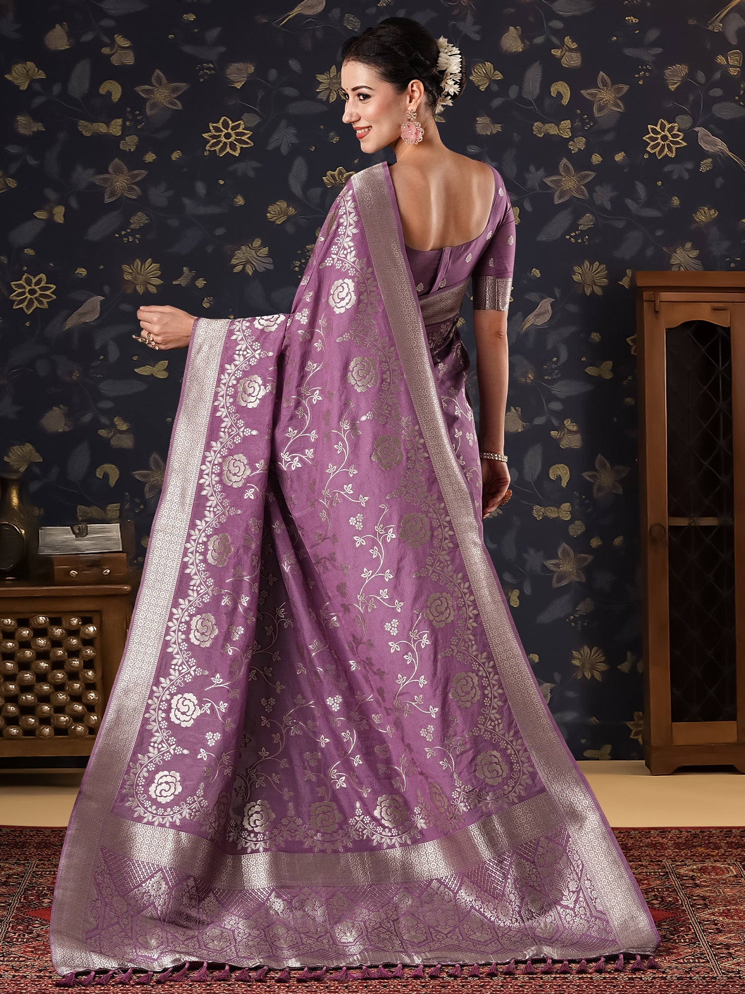 Wine Floral Zari Woven Georgette Saree - Ressa