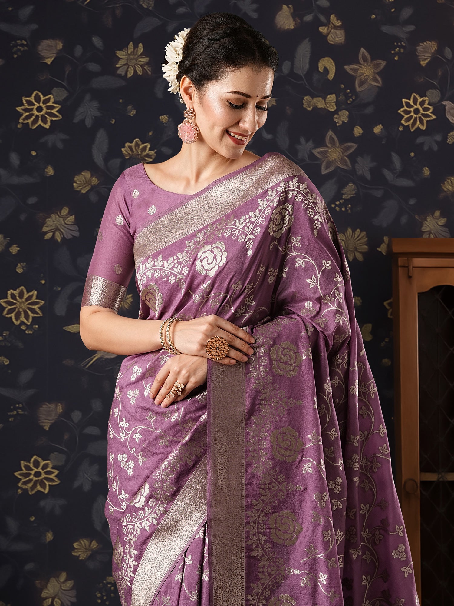 Wine Floral Zari Woven Georgette Saree - Ressa