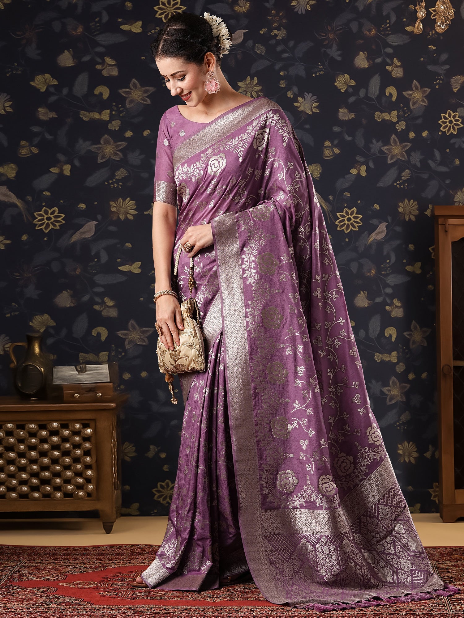 Wine Floral Zari Woven Georgette Saree - Ressa