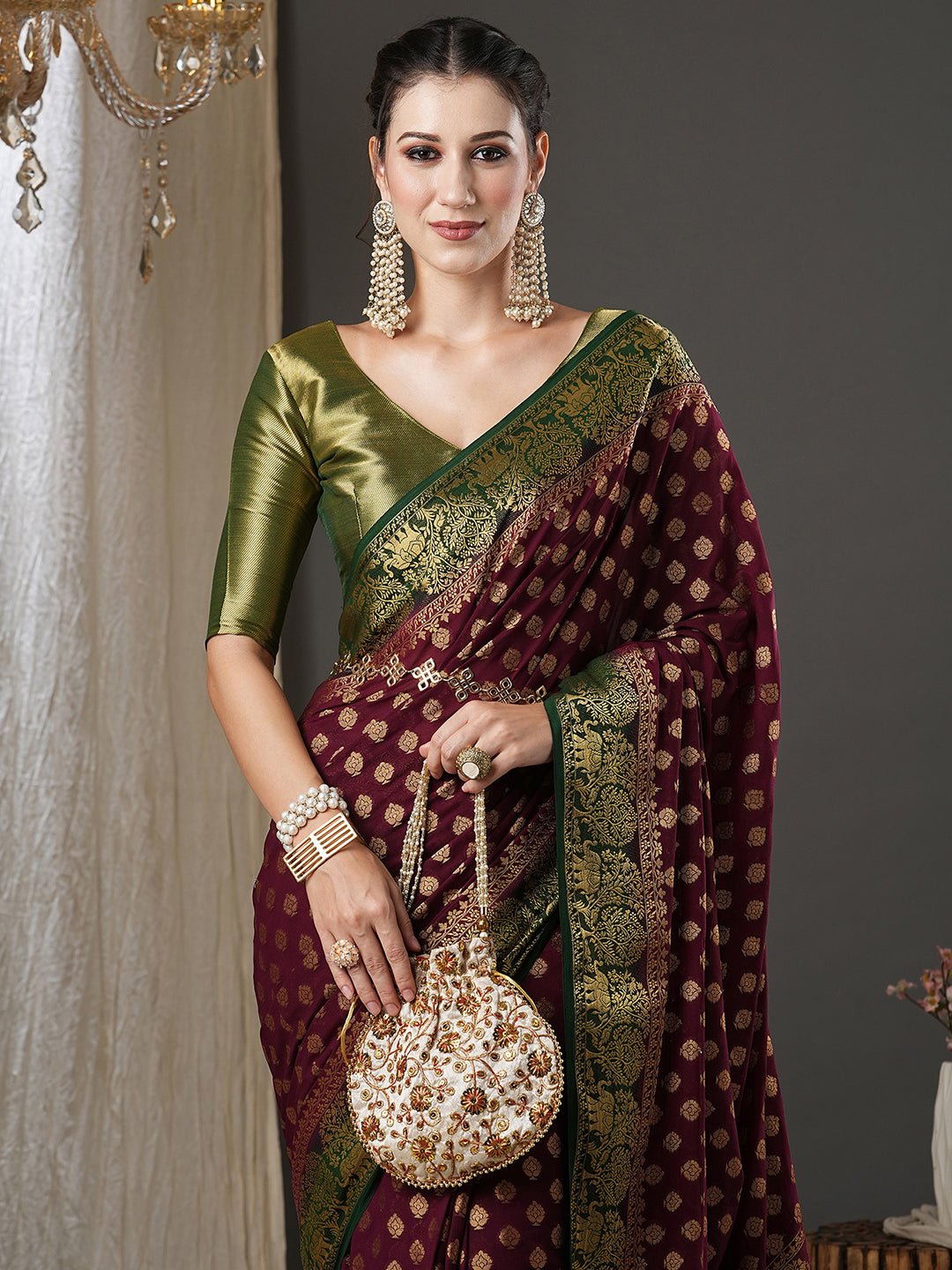 Wine Georgette Banarasi Silk Saree - Ressa