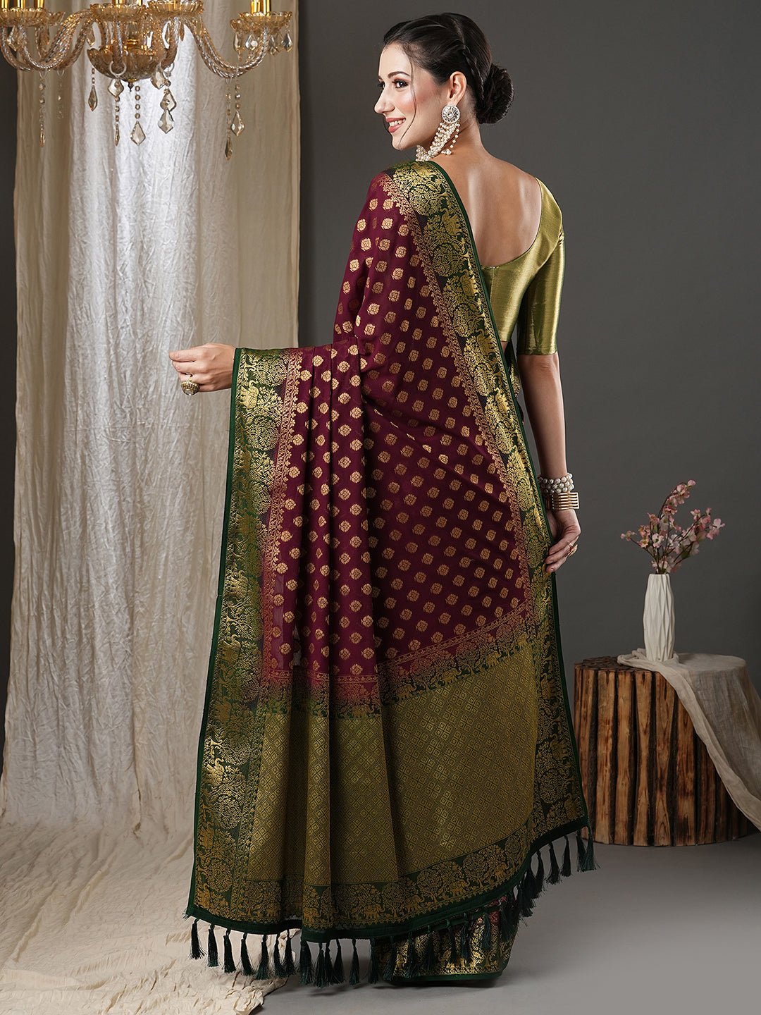 Wine Georgette Banarasi Silk Saree - Ressa