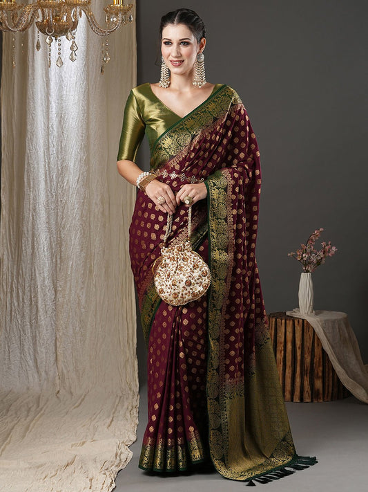 Wine Georgette Banarasi Silk Saree - Ressa