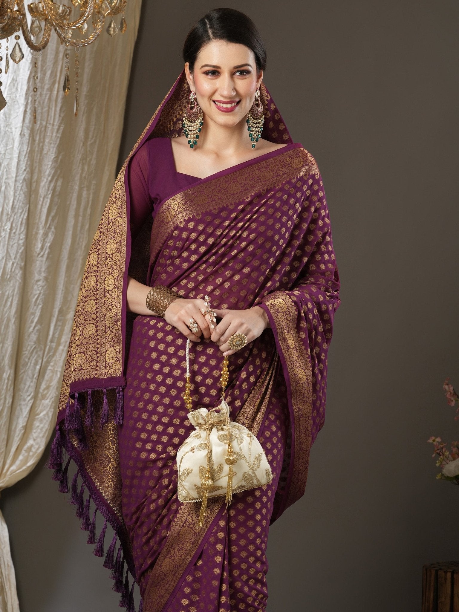 Wine Georgette Banarasi Silk Saree - Ressa