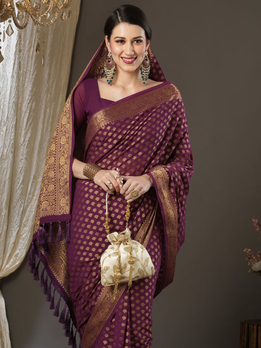 Wine Georgette Banarasi Silk Saree - Ressa