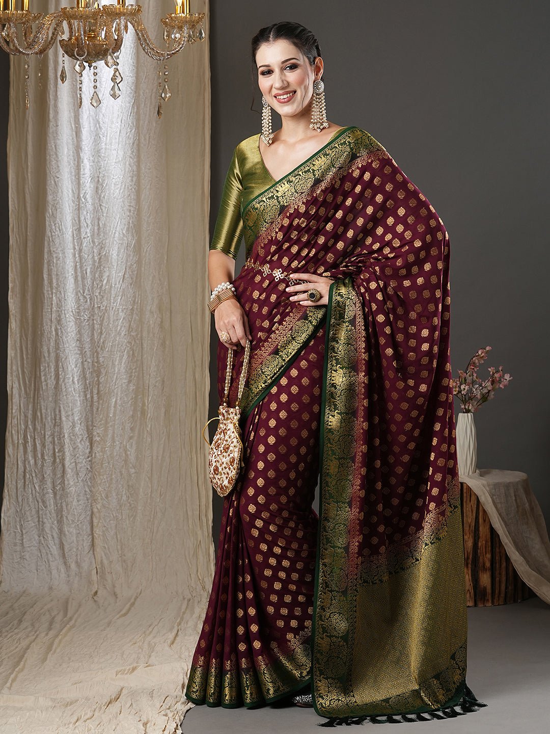 Wine Georgette Banarasi Silk Saree - Ressa