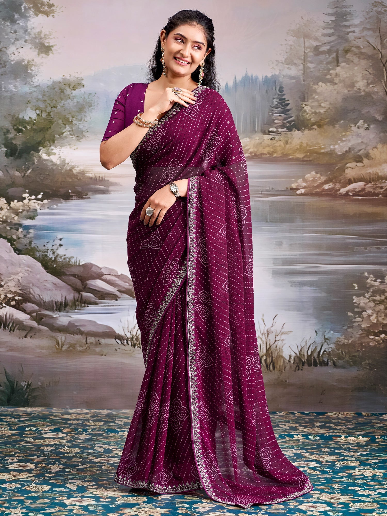 Wine Georgette Bandhani Saree with Embroidered Border - Ressa