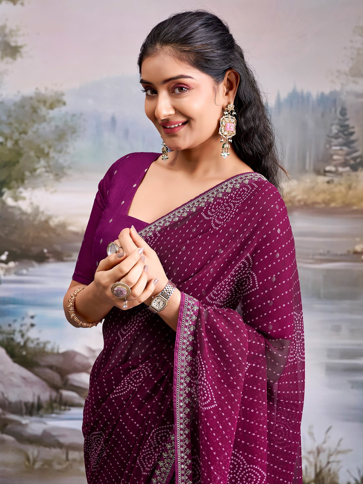 Wine Georgette Bandhani Saree with Embroidered Border - Ressa