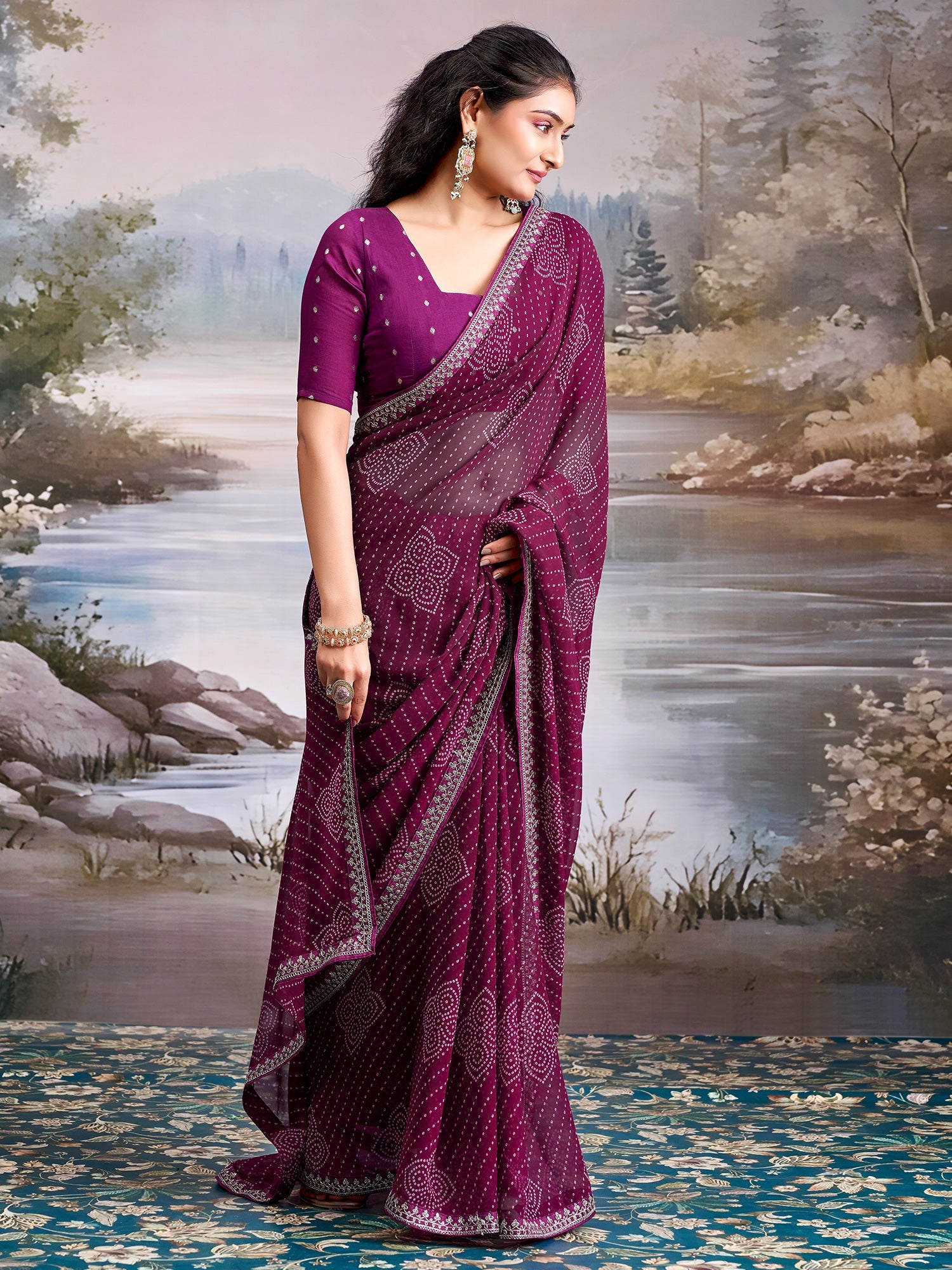 Wine Georgette Bandhani Saree with Embroidered Border - Ressa