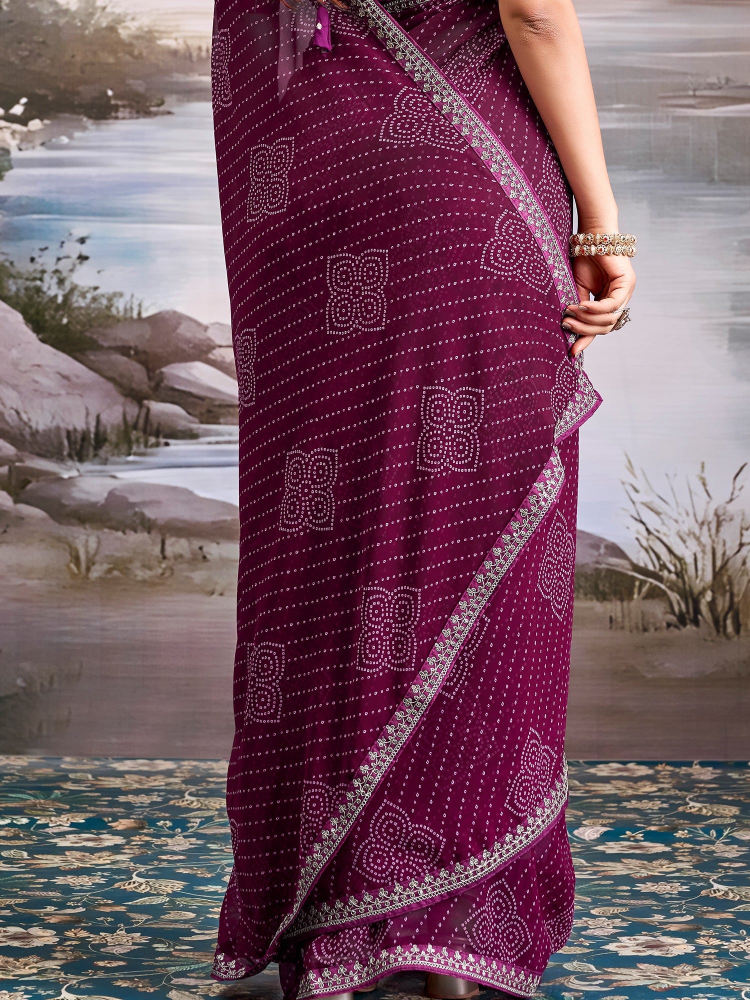 Wine Georgette Bandhani Saree with Embroidered Border - Ressa