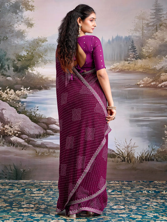 Wine Georgette Bandhani Saree with Embroidered Border - Ressa