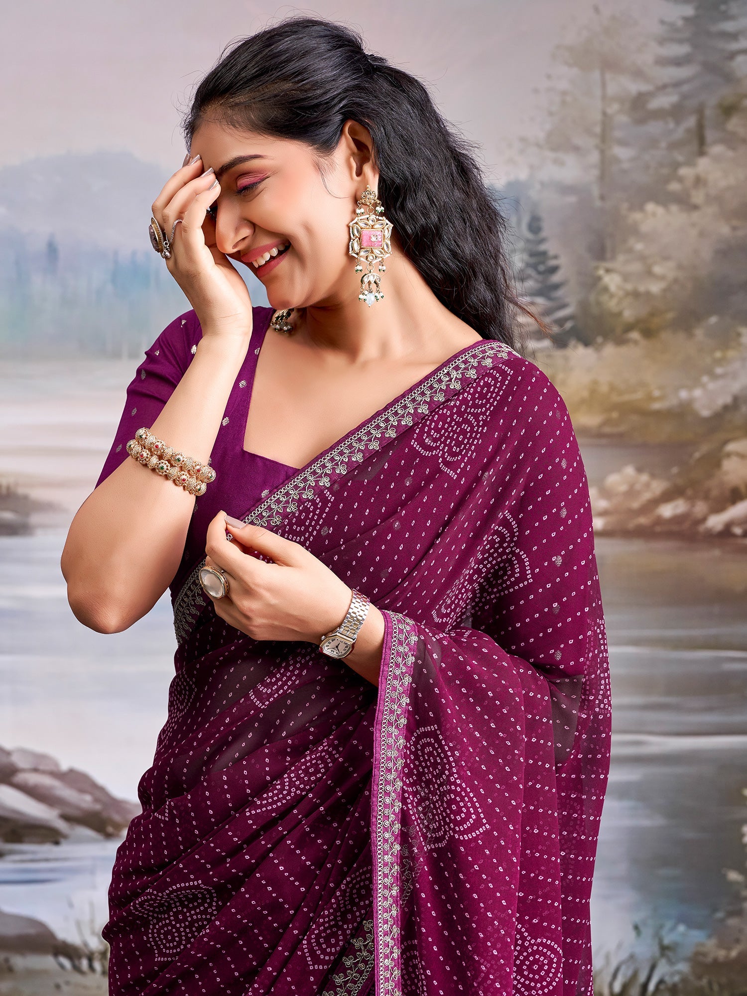 Wine Georgette Bandhani Saree with Embroidered Border - Ressa