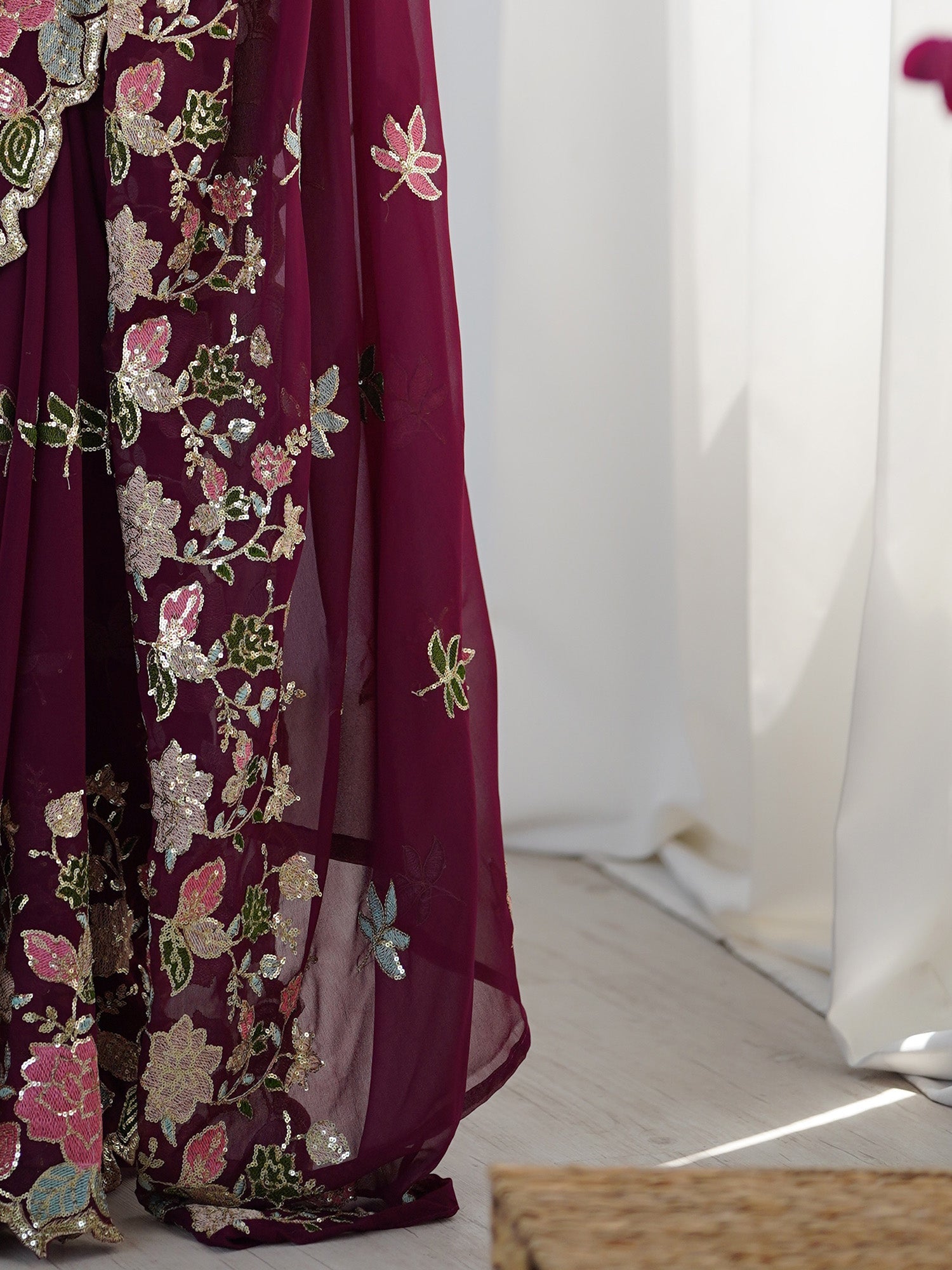 Wine Georgette Embroidered Saree - Ressa