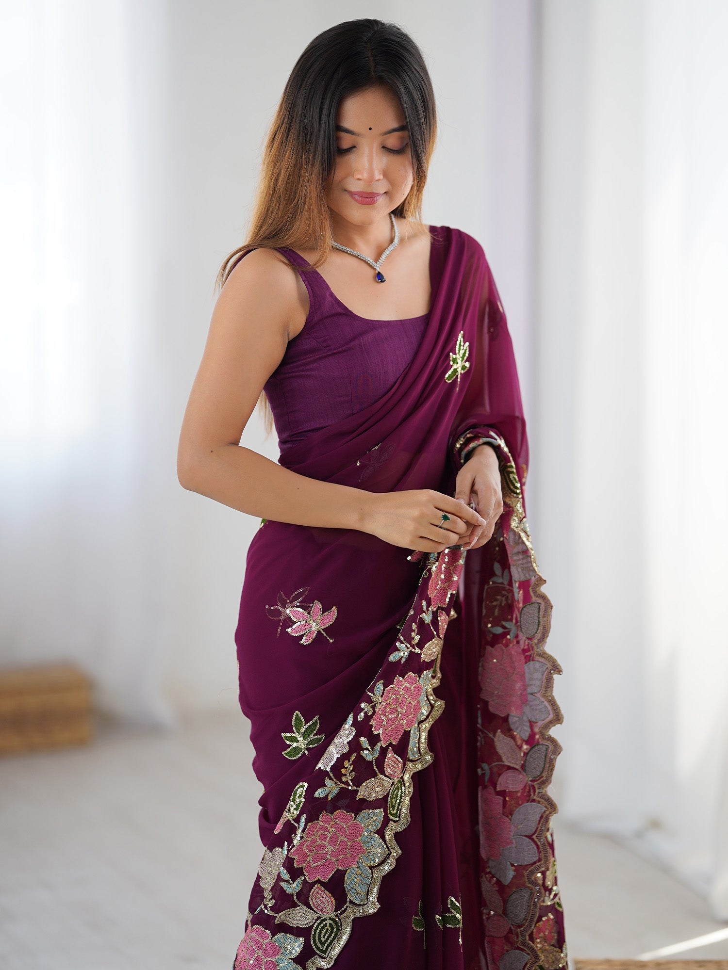 Wine Georgette Embroidered Saree - Ressa