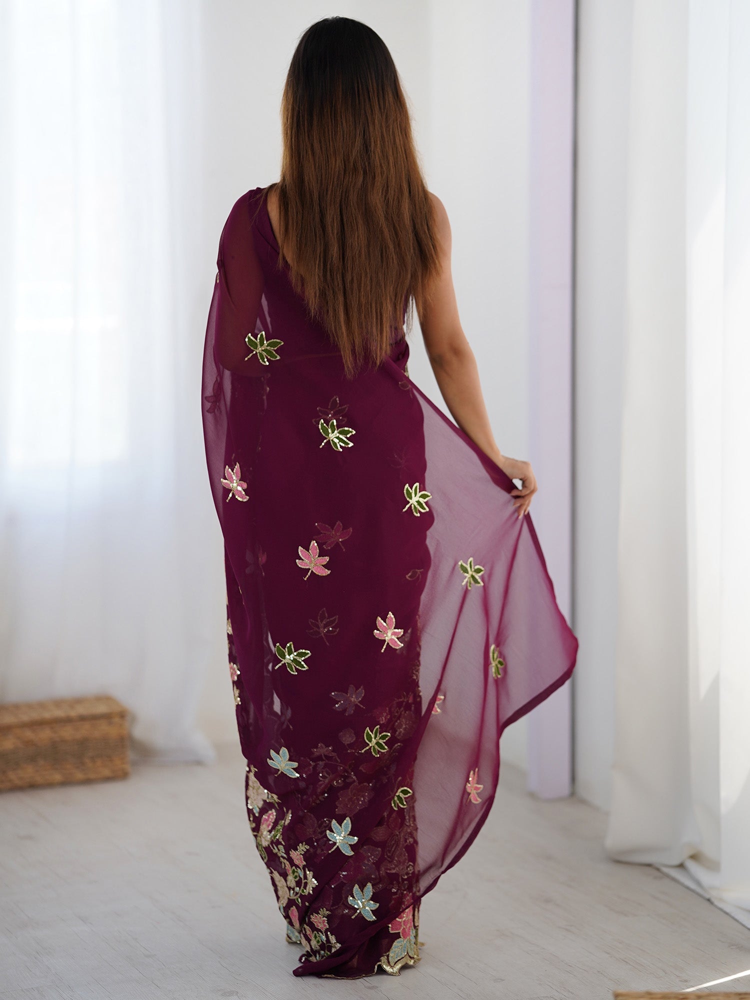 Wine Georgette Embroidered Saree - Ressa