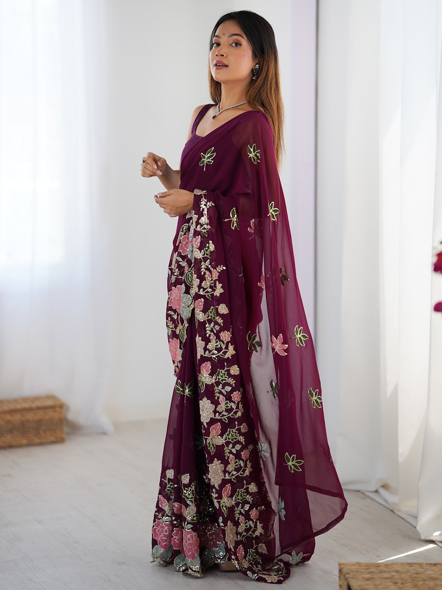 Wine Georgette Embroidered Saree - Ressa