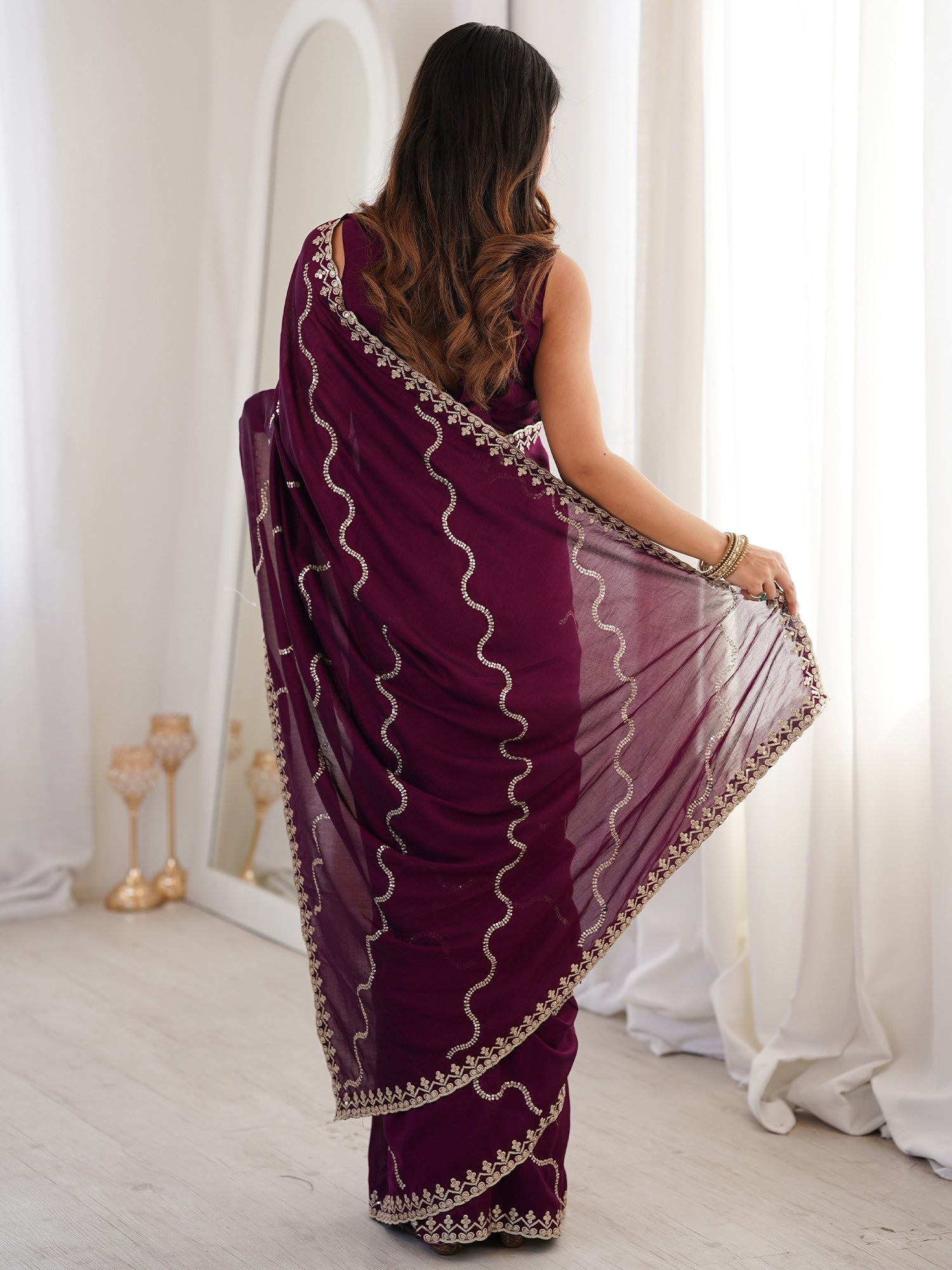 Wine Georgette Embroidered Saree with Blouse - Ressa