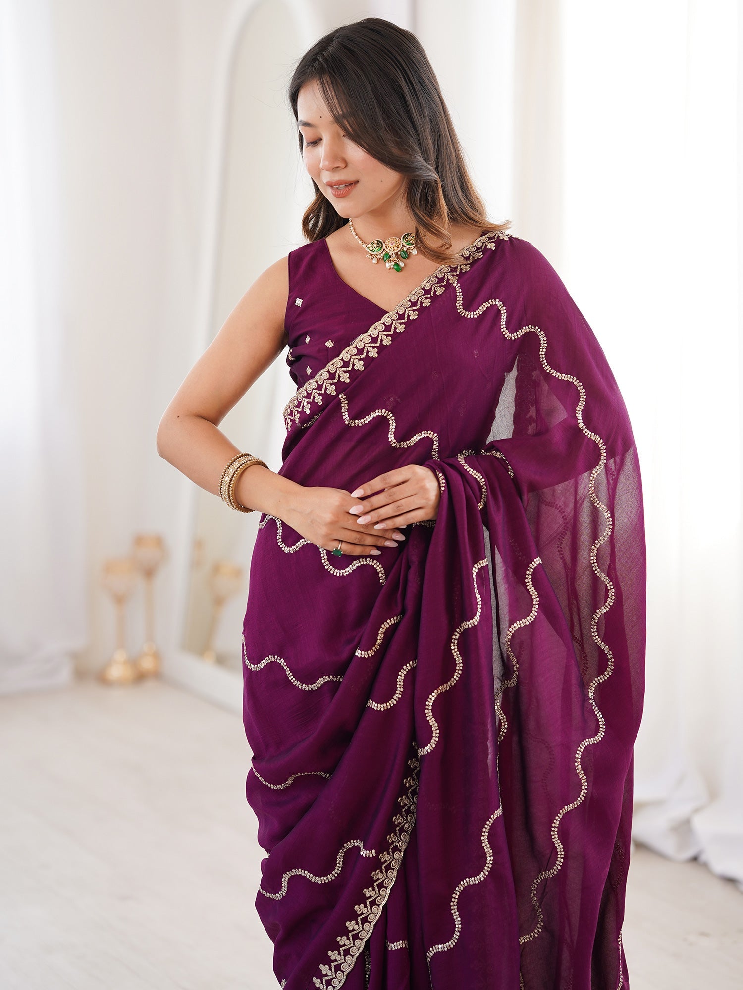 Wine Georgette Embroidered Saree with Blouse - Ressa