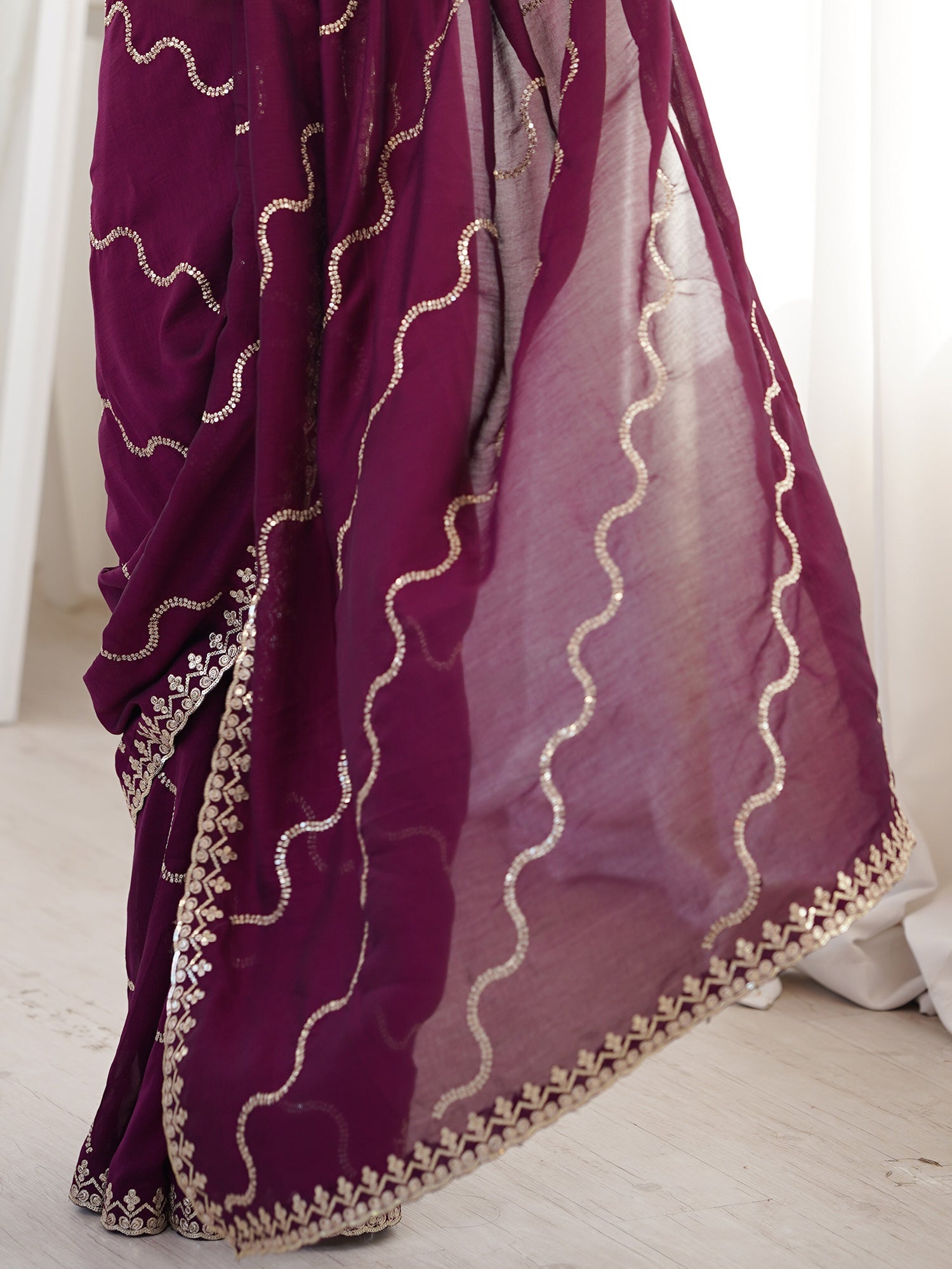 Wine Georgette Embroidered Saree with Blouse - Ressa