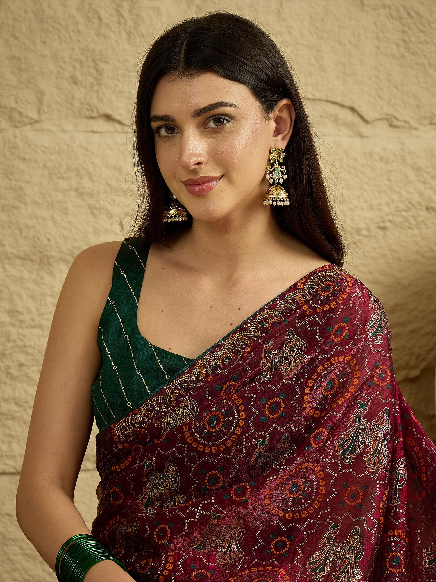 Wine Georgette Saree with Bandhani Digital Print - Ressa