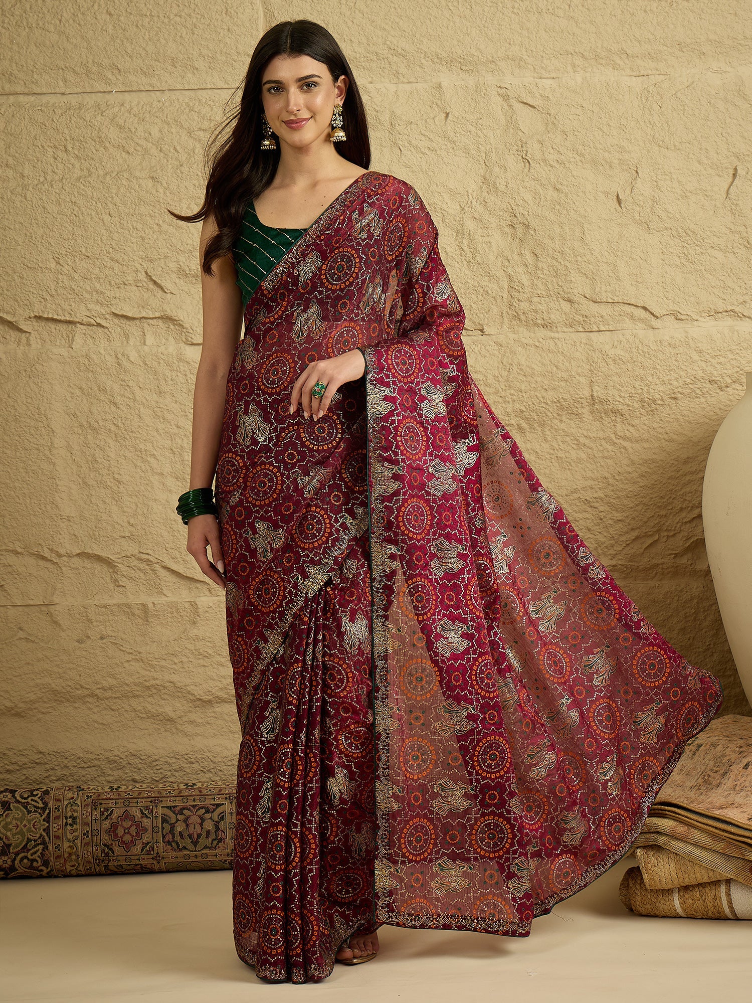 Wine Georgette Saree with Bandhani Digital Print - Ressa