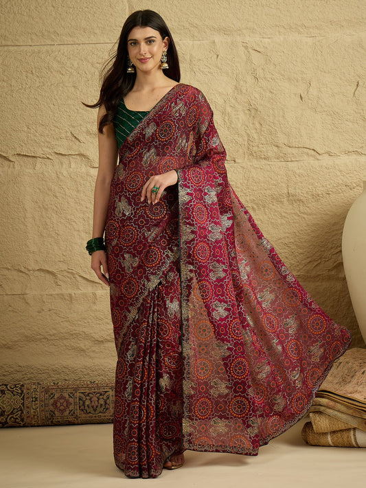 Wine Georgette Saree with Bandhani Digital Print - Ressa