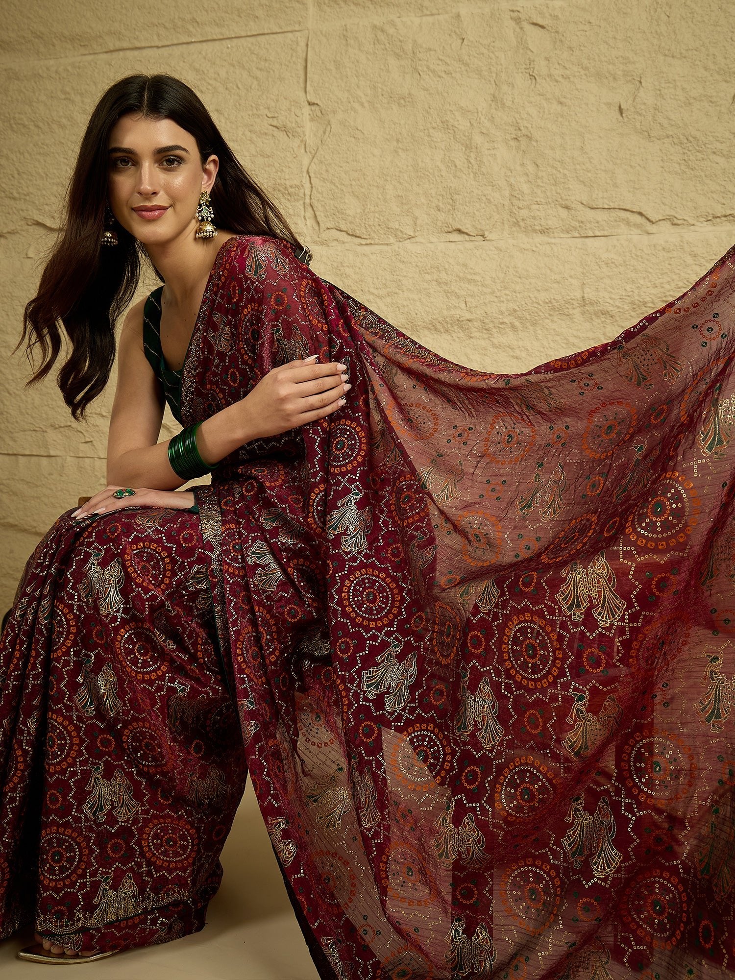 Wine Georgette Saree with Bandhani Digital Print - Ressa