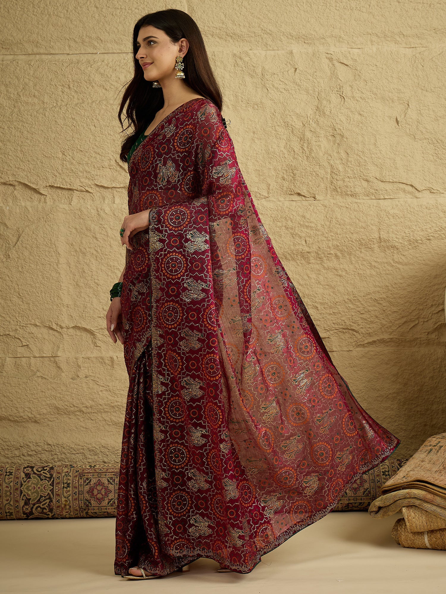 Wine Georgette Saree with Bandhani Digital Print - Ressa