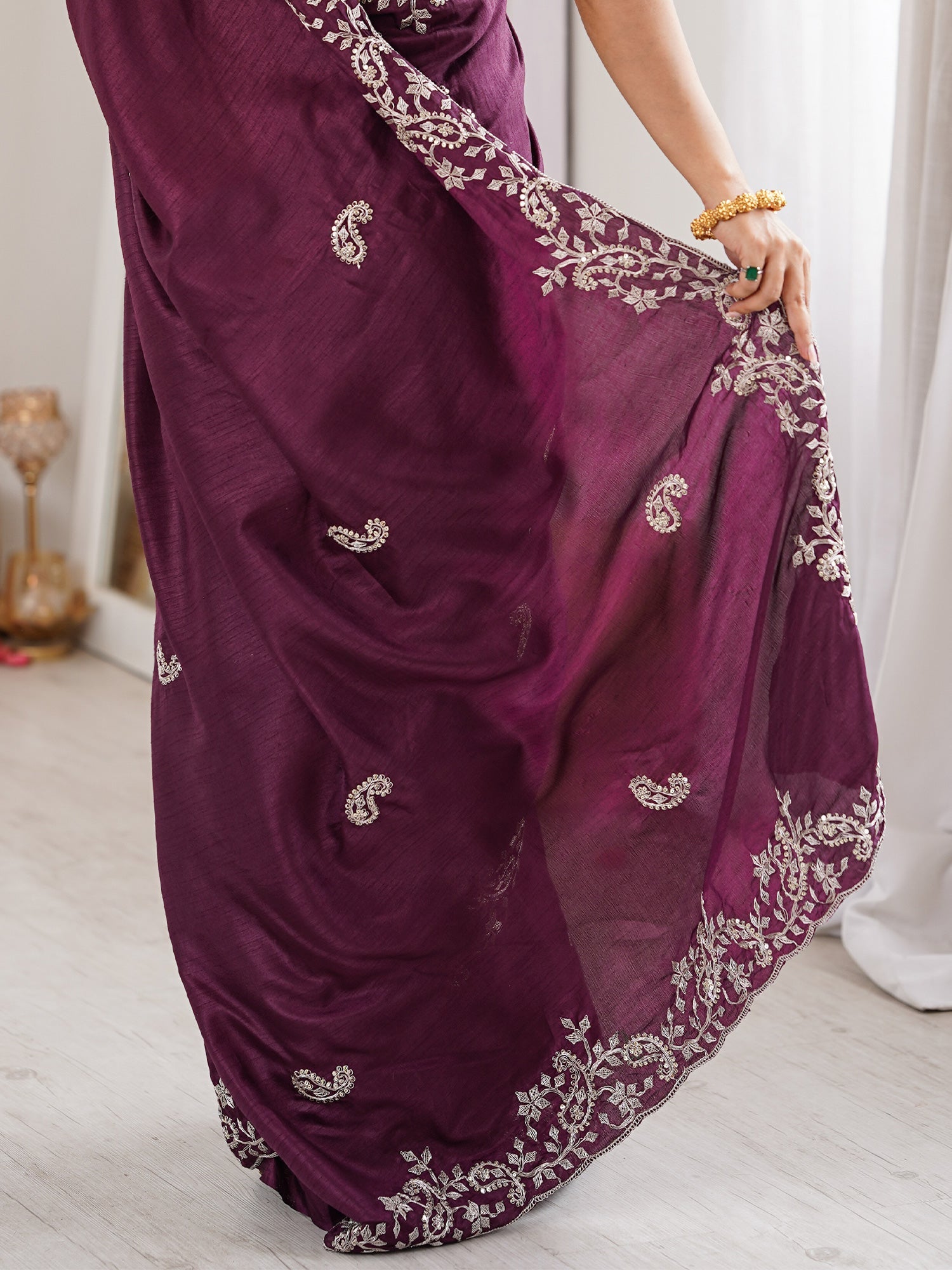 Wine Georgette Saree with Scalloped Embroidery - Ressa
