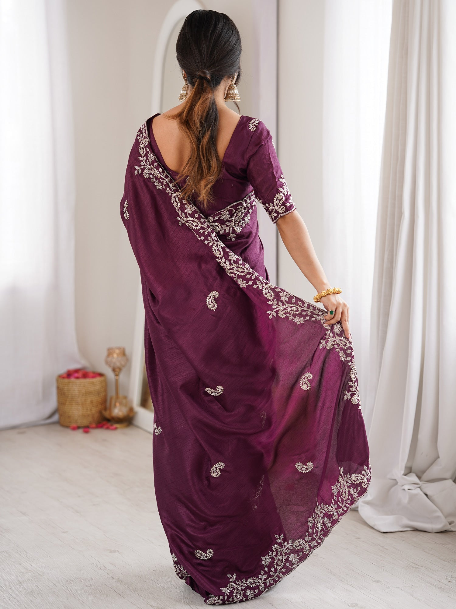 Wine Georgette Saree with Scalloped Embroidery - Ressa