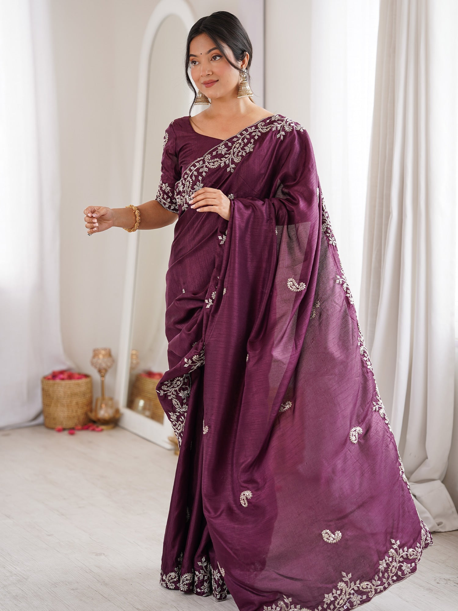 Wine Georgette Saree with Scalloped Embroidery - Ressa