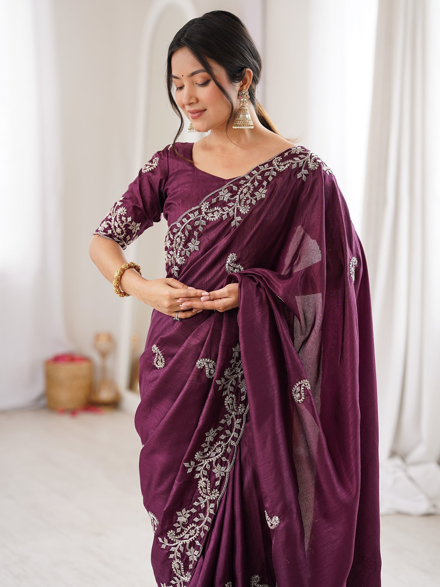 Wine Georgette Saree with Scalloped Embroidery - Ressa