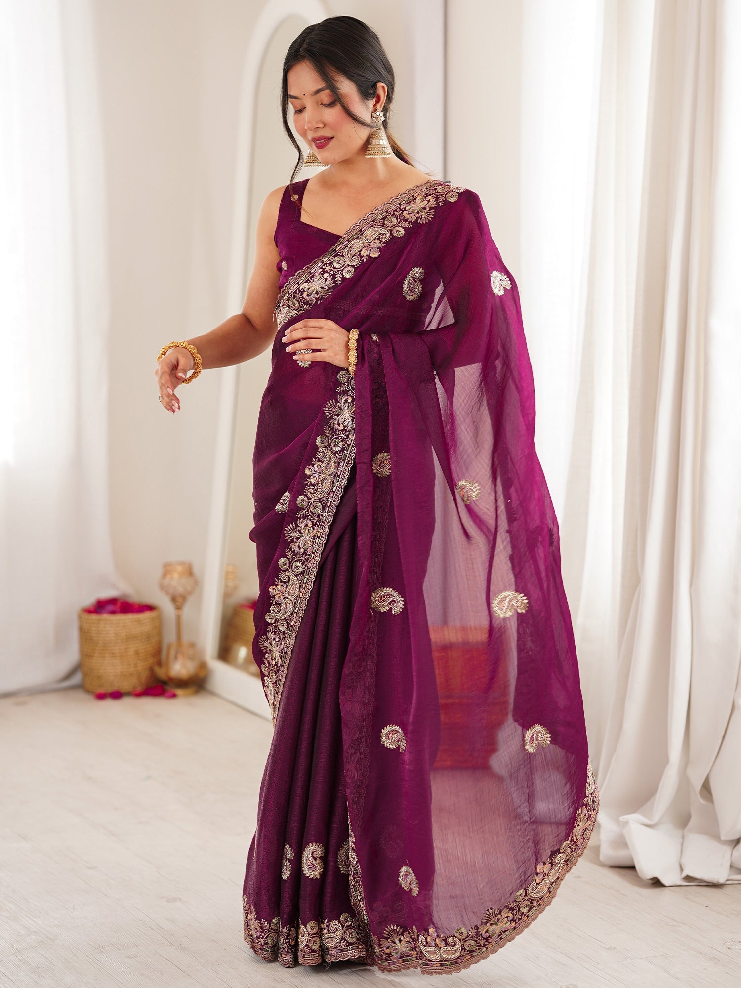 Wine Georgette Silk Blend Saree - Ressa