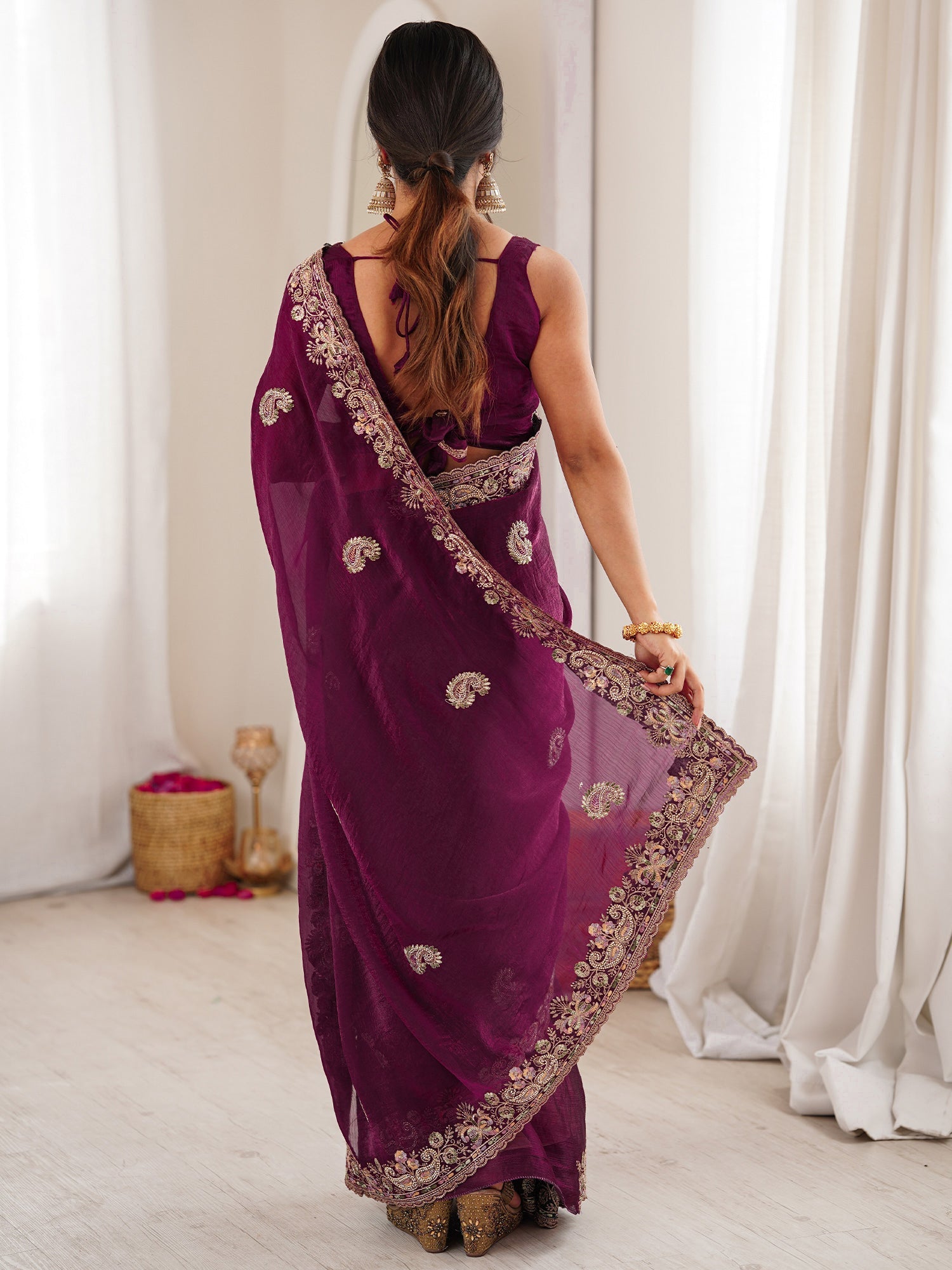 Wine Georgette Silk Blend Saree - Ressa
