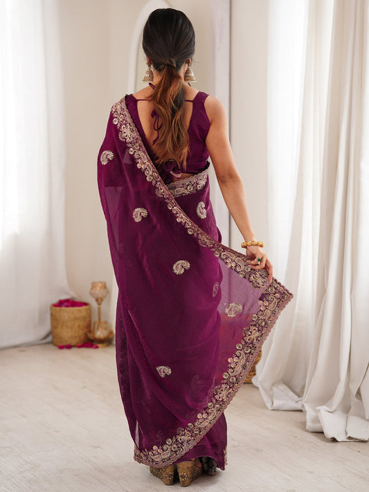 Wine Georgette Silk Blend Saree - Ressa
