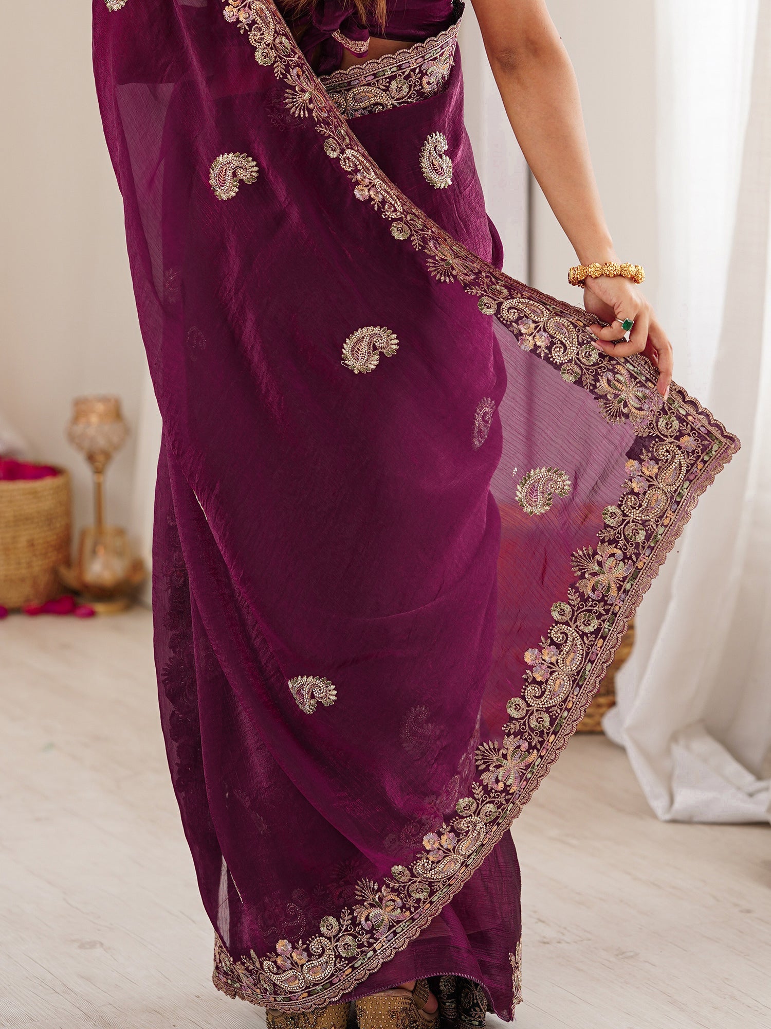 Wine Georgette Silk Blend Saree - Ressa