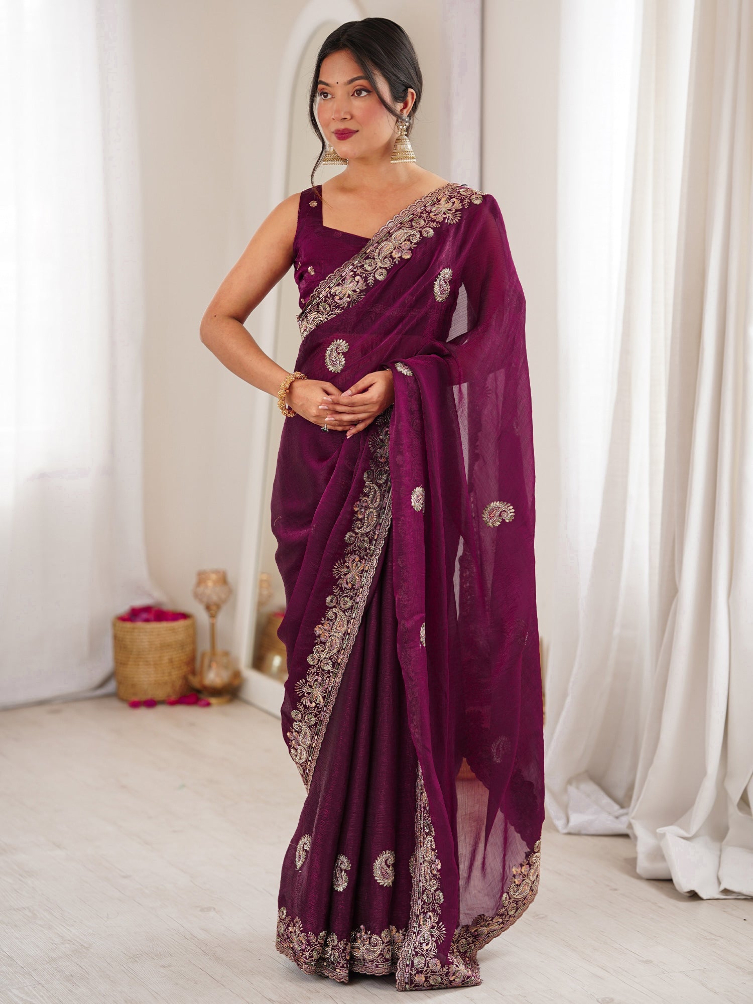 Wine Georgette Silk Blend Saree - Ressa