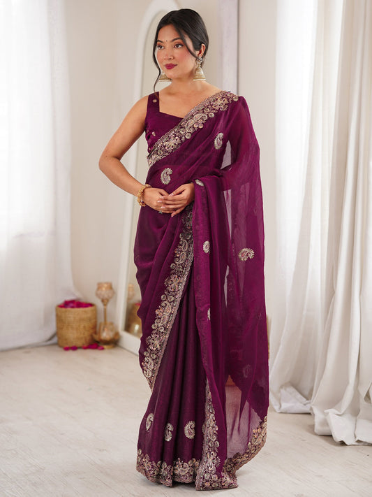 Wine Georgette Silk Blend Saree - Ressa