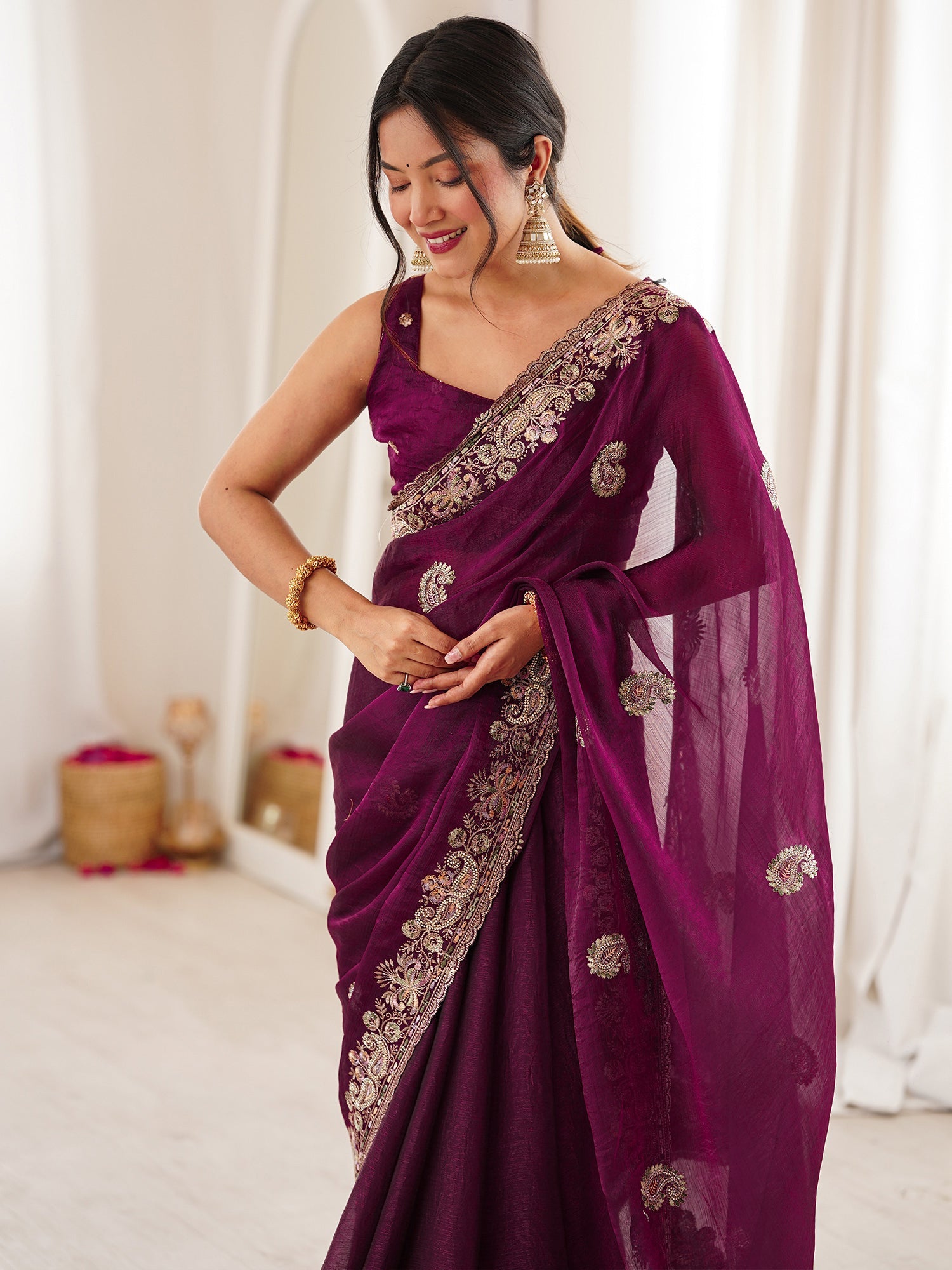 Wine Georgette Silk Blend Saree - Ressa