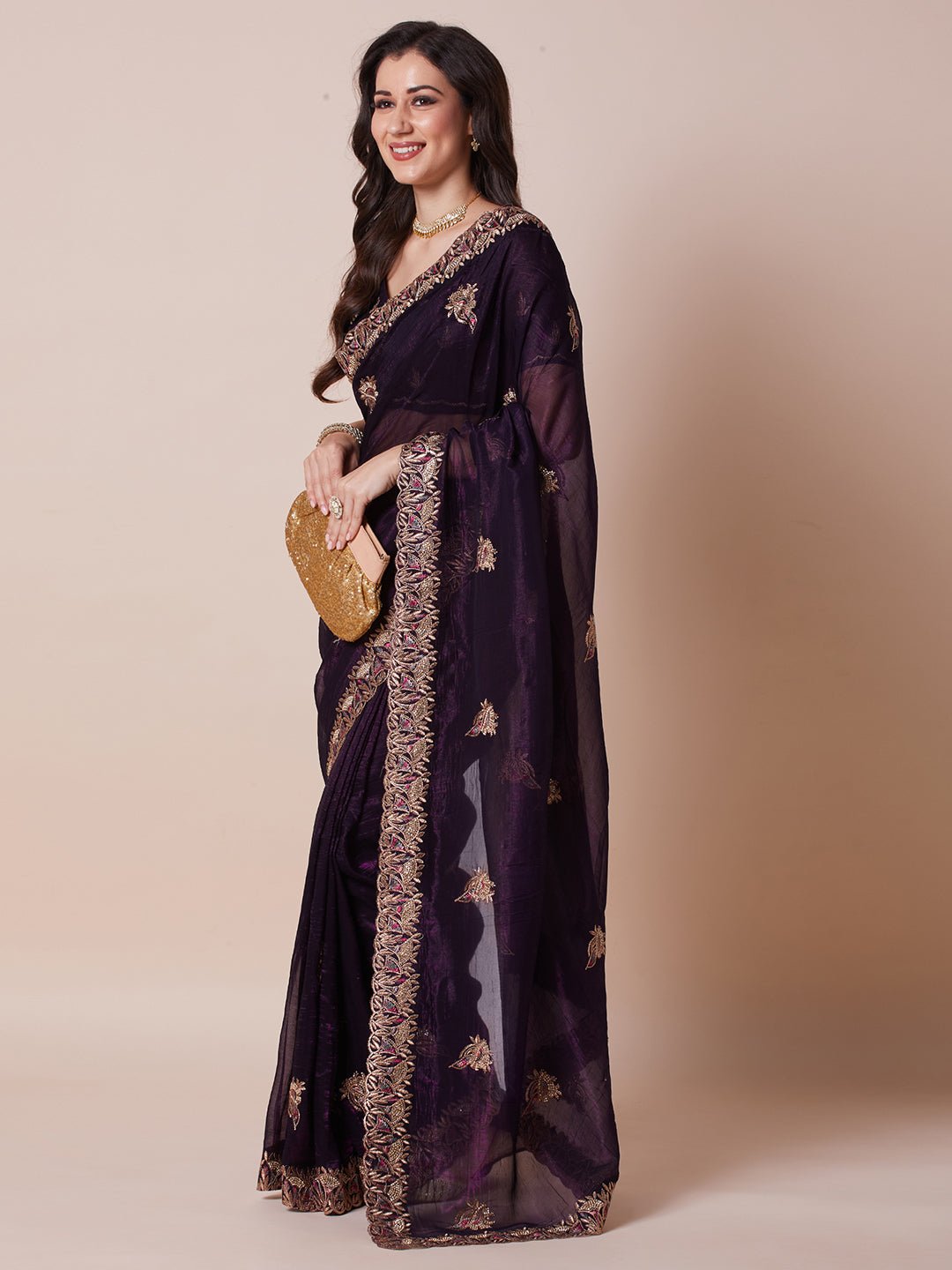 Wine Georgette Zari Embroidery Sequin Work Saree - Ressa