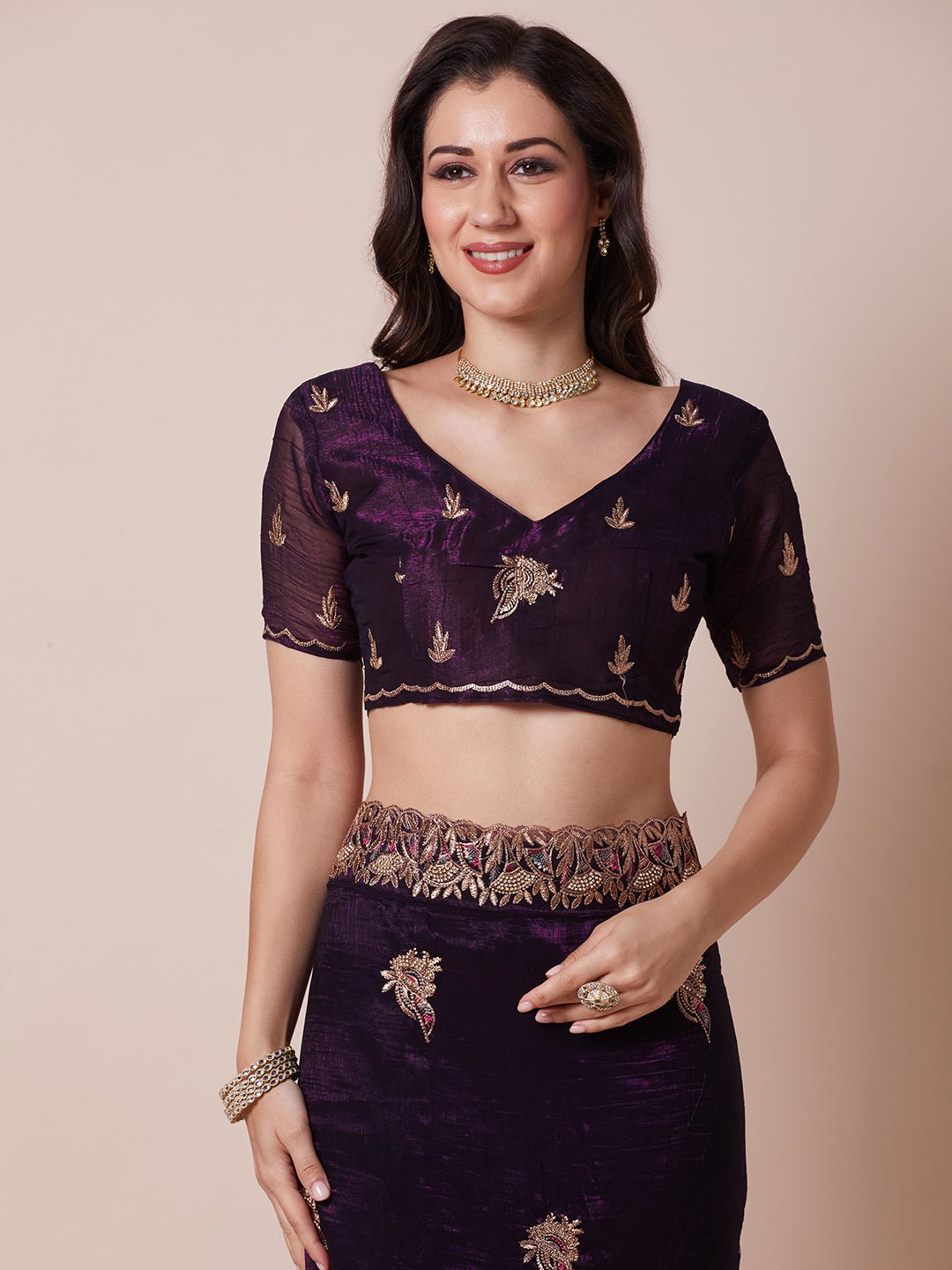 Wine Georgette Zari Embroidery Sequin Work Saree - Ressa