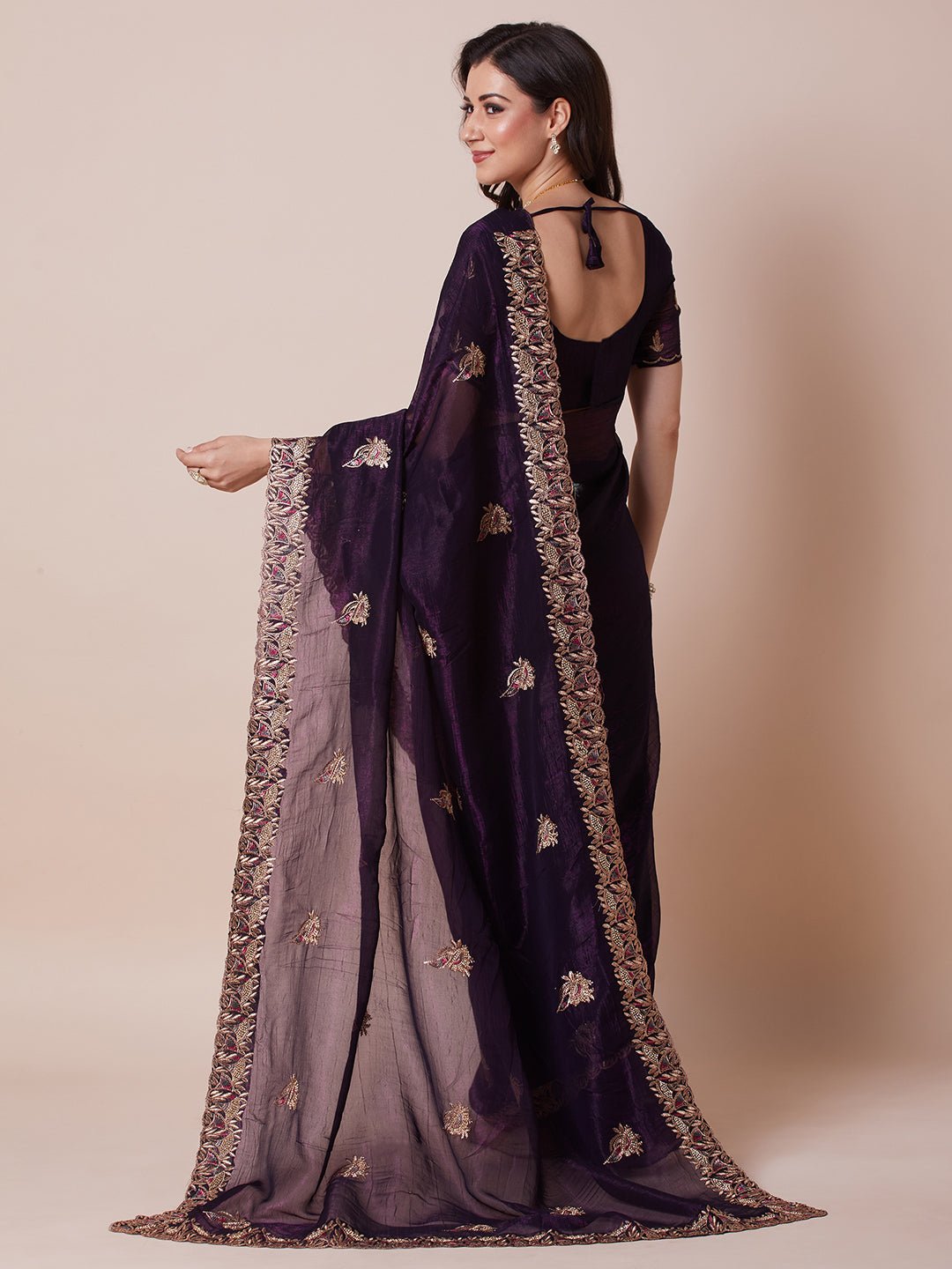 Wine Georgette Zari Embroidery Sequin Work Saree - Ressa