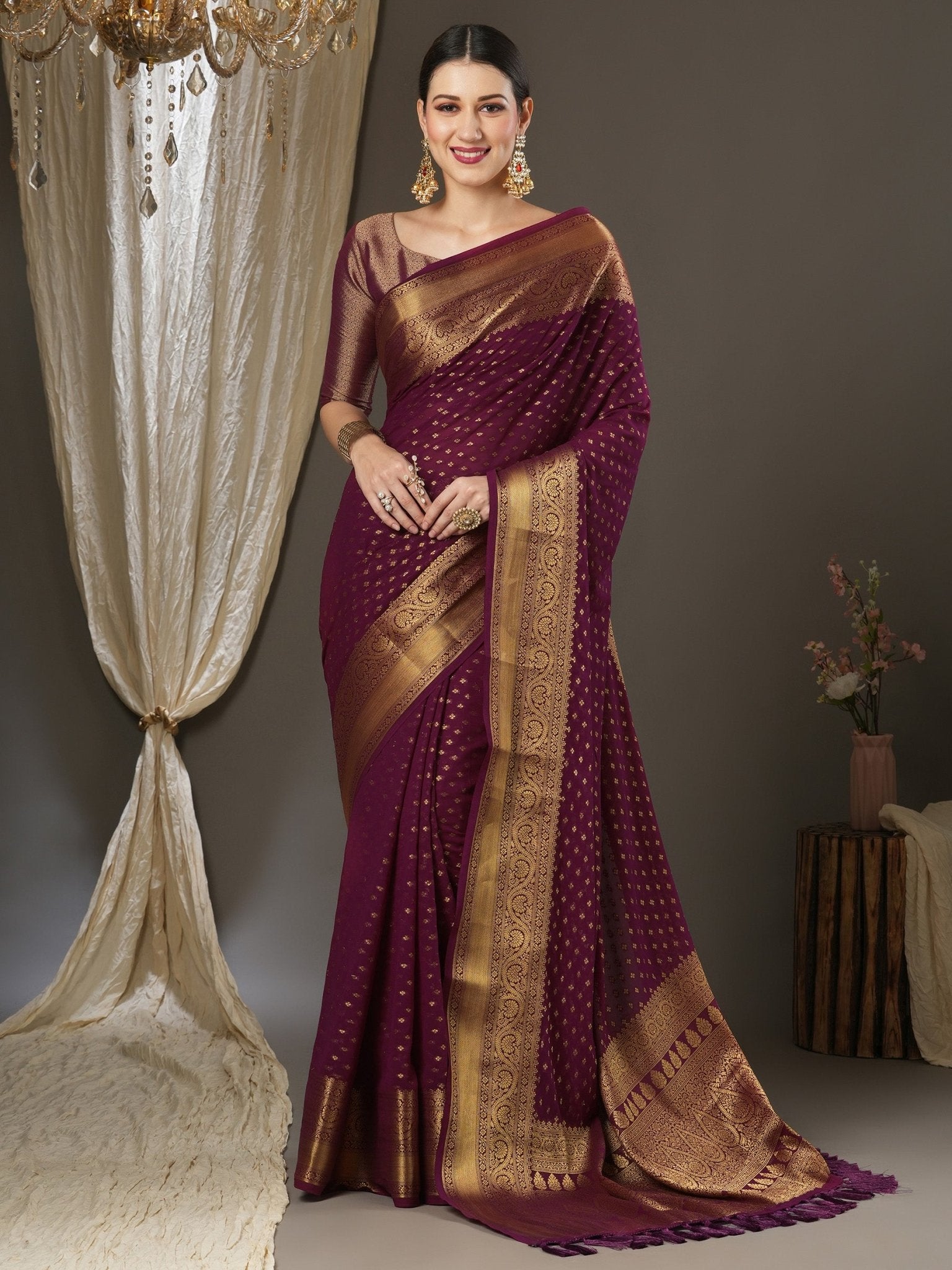 Wine Georgette Zari Woven Saree - Ressa