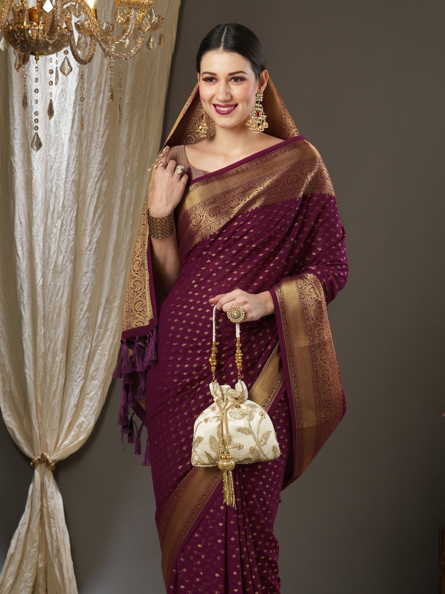 Wine Georgette Zari Woven Saree - Ressa