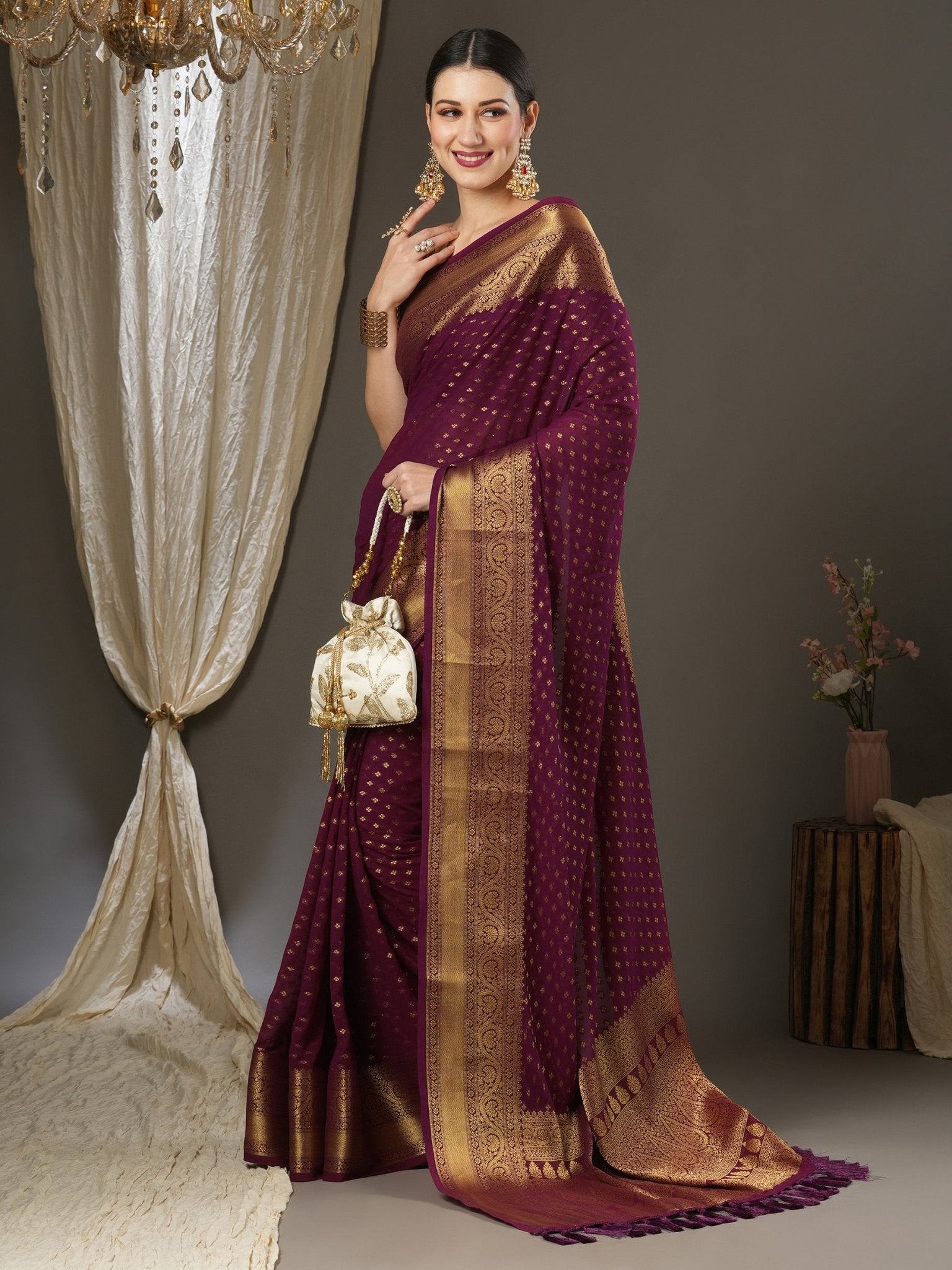 Wine Georgette Zari Woven Saree - Ressa