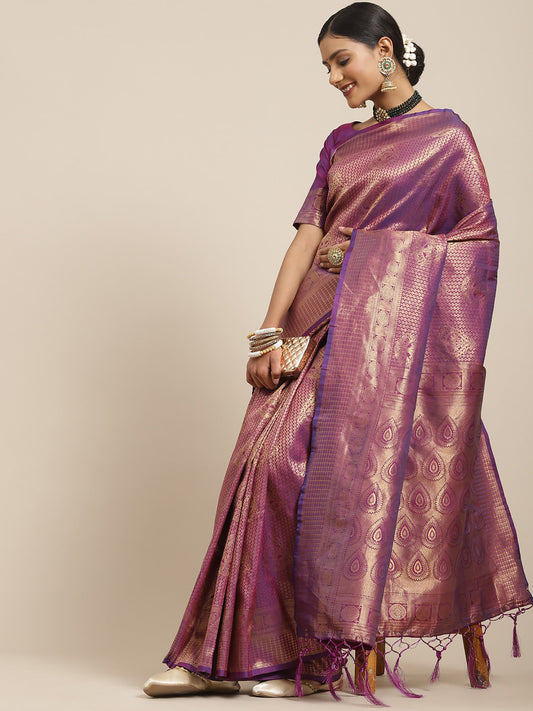 Wine Jari Woven Banarasi Silk Saree - Ressa